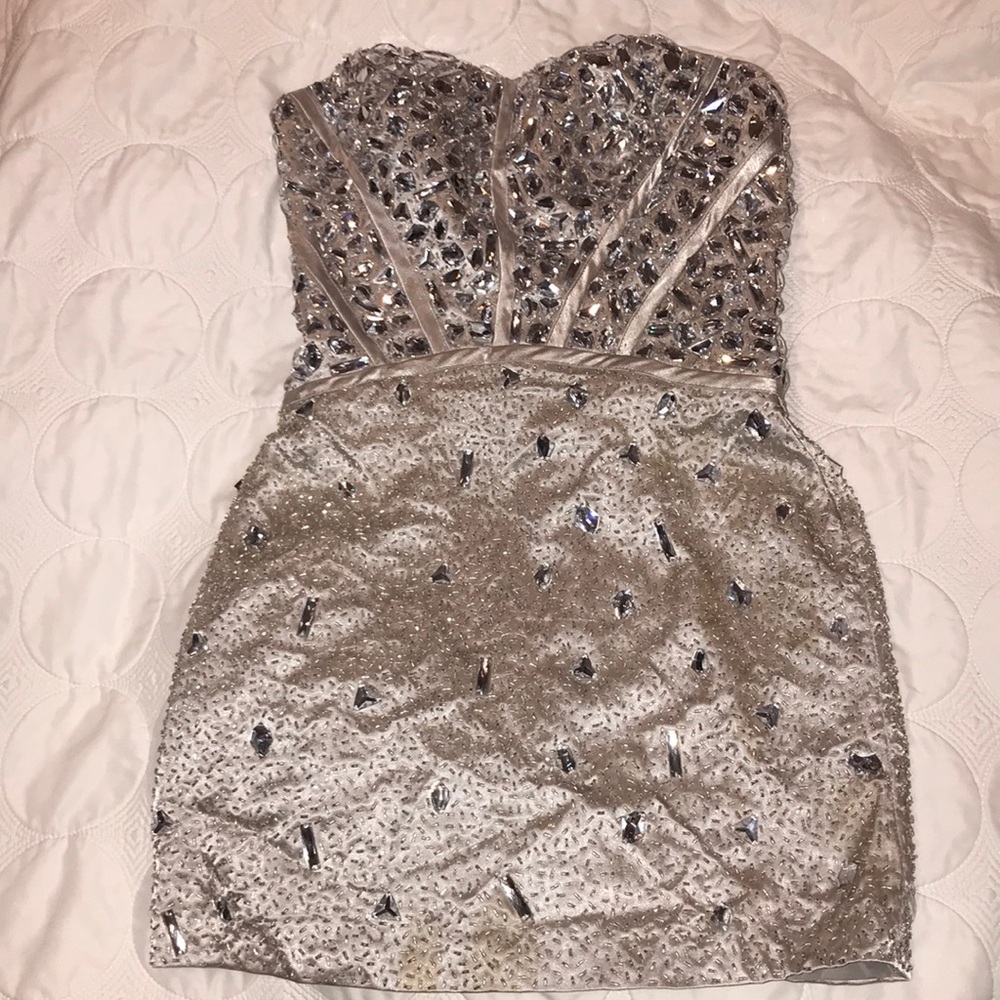Silver Beaded Cocktail Mini Dress